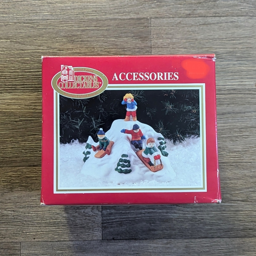 New NIB Dickens Collectables 1997 Children Sledding Snow Christmas Village